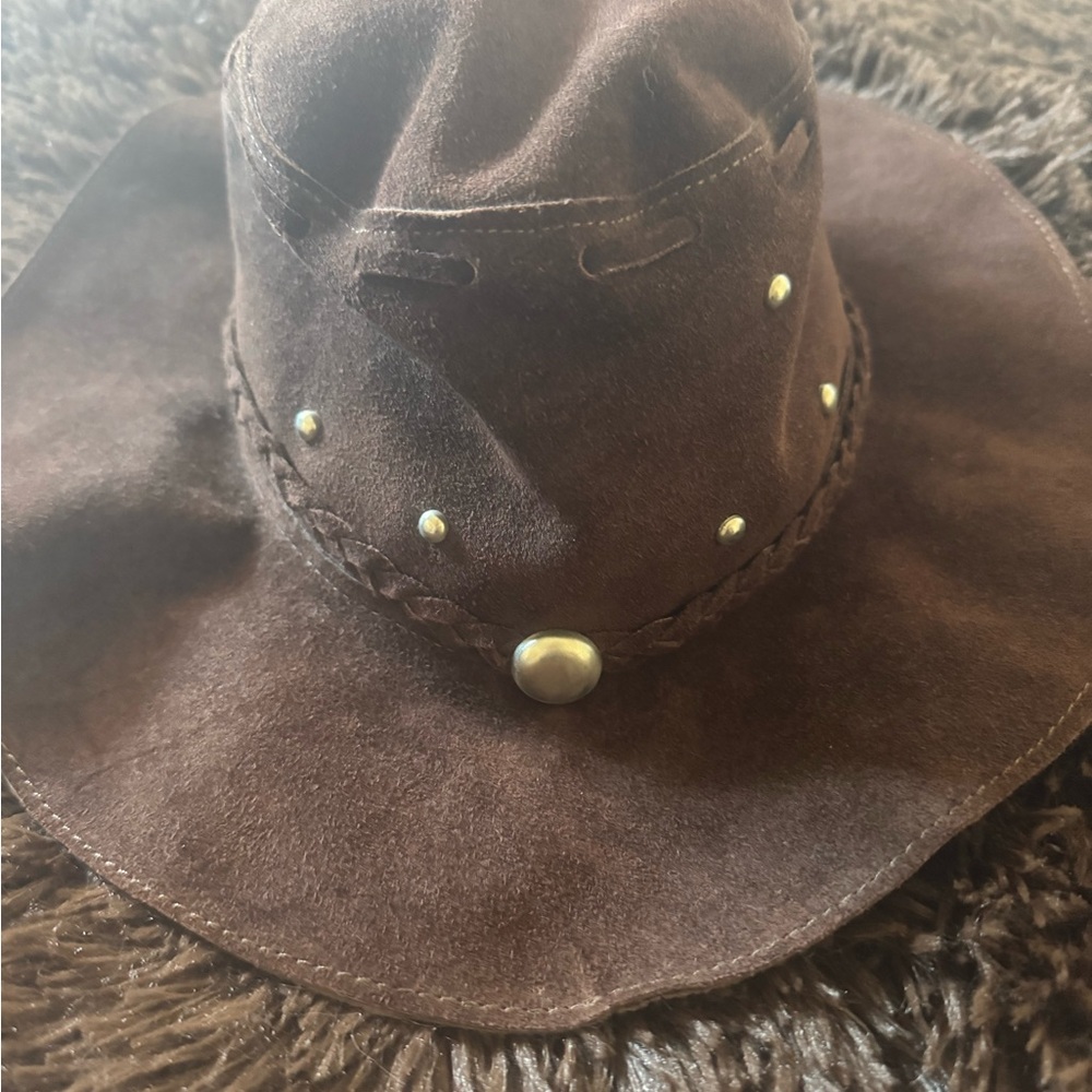 Brown Suede Leather Floppy Hat with Studs